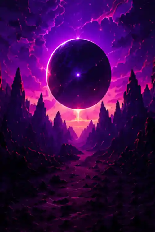 A mysterious glowing celestial sphere floating above a magical fantasy valley in Beyond The Clouds within The SSUULL Universe.