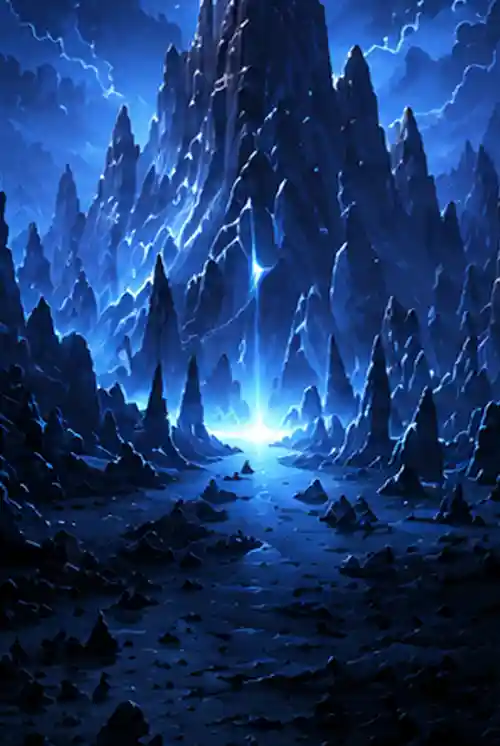Majestic crystal mountains glowing with magical blue light in the Crystal Peaks region of The SSUULL Universe.