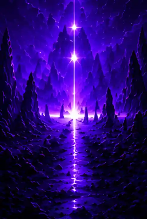 A glowing magical beam of light rising through a mystical fantasy landscape representing the Echoes of Light music album in The SSUULL Universe.