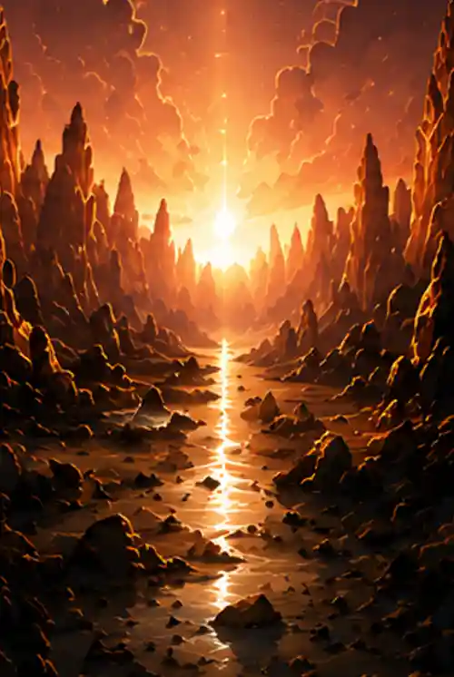 Golden sunset illuminating a magical fantasy valley representing the Golden Hour music video in The SSUULL Universe.