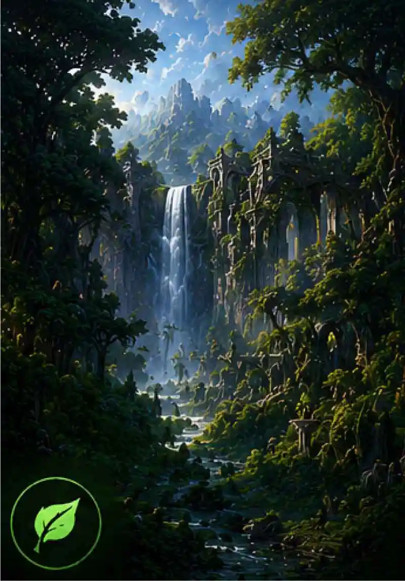 Beautiful fantasy forest with waterfalls, lush greenery, ancient ruins, and magical landscapes representing the Nature Realm.