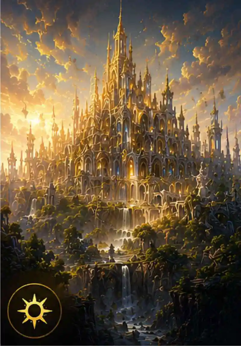 Golden fantasy kingdom with a magnificent castle, waterfalls, and radiant skies representing the Realm of Light in The SSUULL Universe.