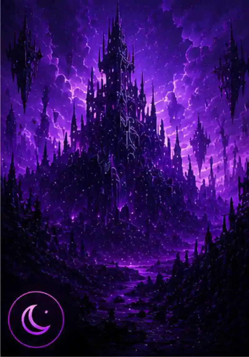 Dark purple fantasy kingdom with mysterious castles, magical landscapes, and mystical shadows representing the Realm of Shadow.