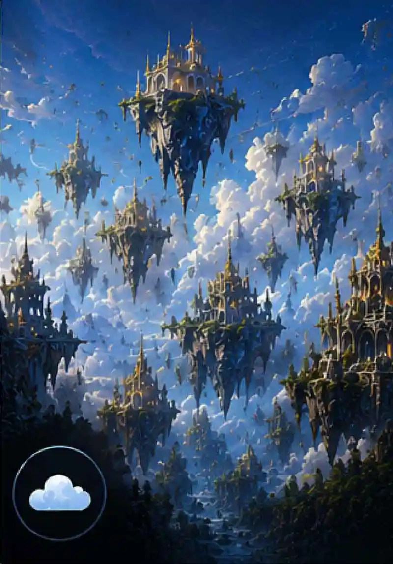 Floating fantasy islands suspended above the clouds with magical castles and bright blue skies representing the Sky Realm.