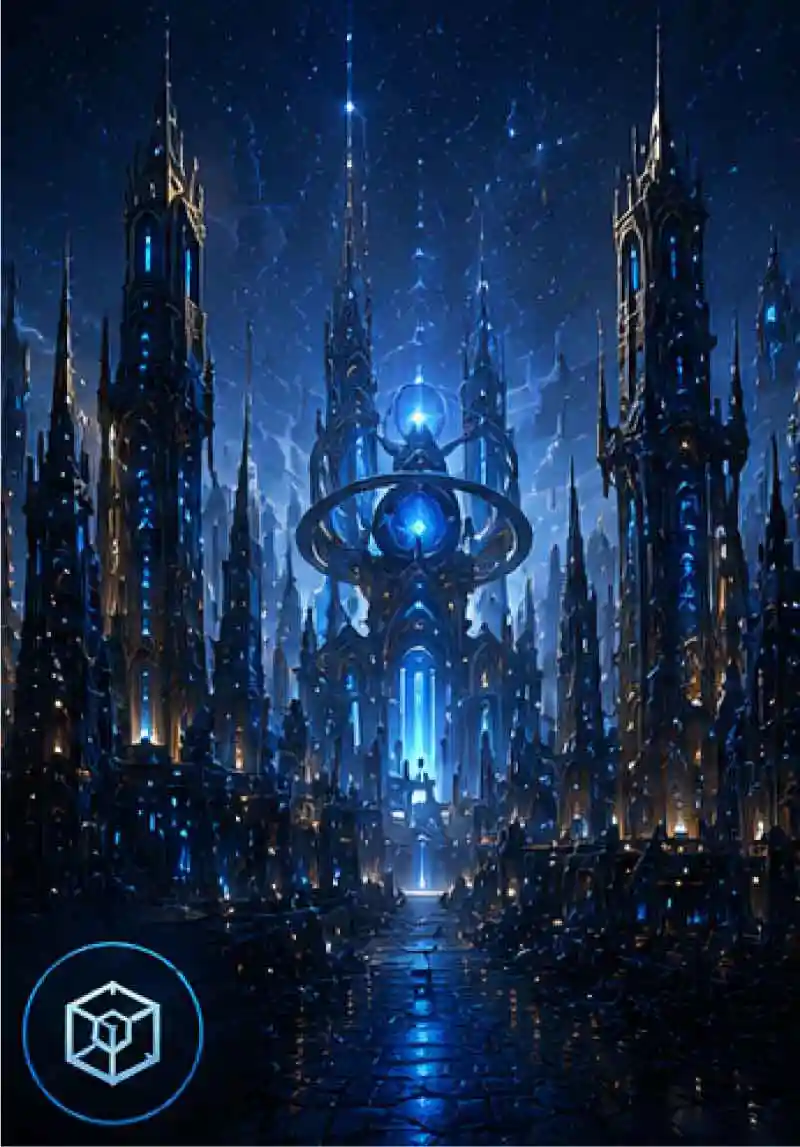 Advanced futuristic fantasy city with glowing blue towers, magical technology, and innovation representing the Techno Realm.